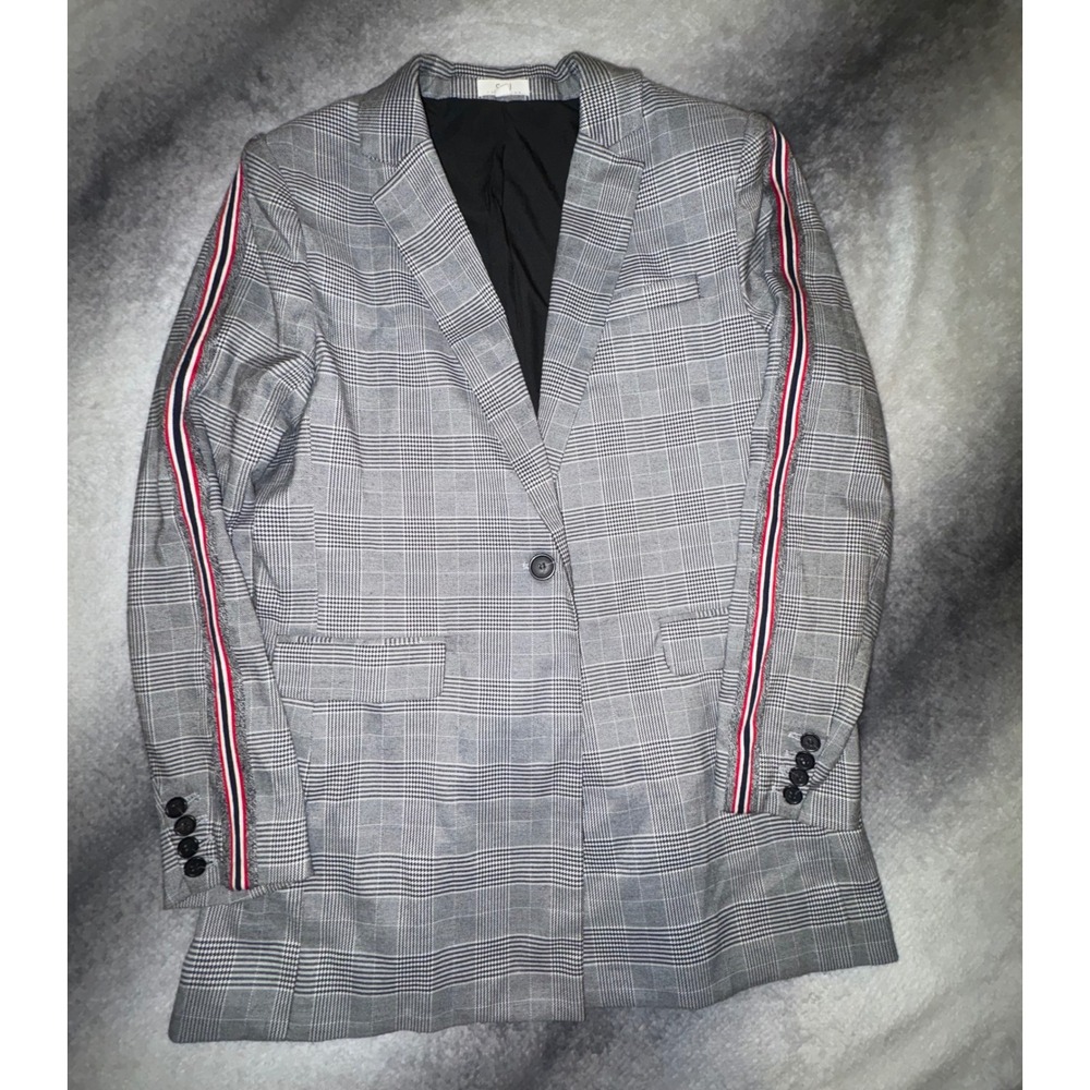 (B2) c+j collection Grey Glen Plaid Blazer Racing Stripe Sleeve CO0197 Womens‎ L